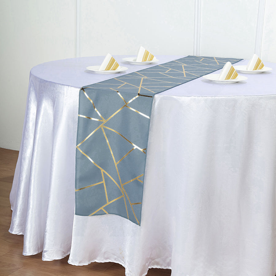 Standard Table Linen - Polyester, Geometric, Dusty Blue w/ Gold Foil
