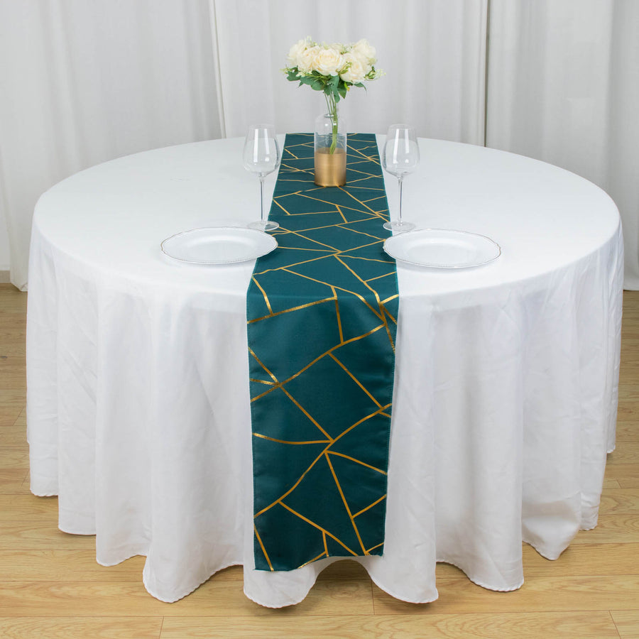 Standard Table Linen - Polyester, Geometric, Peacock Teal w/ Gold Foil