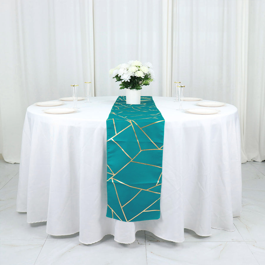 Standard Table Linen - Polyester, Geometric, Turquoise Blue w/ Gold Foil