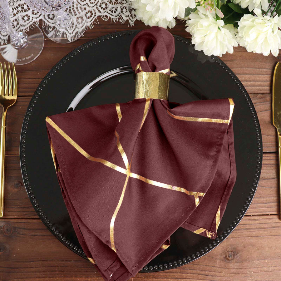 Standard Table Linen - Polyester, Geometric, Burgundy w/ Gold Foil