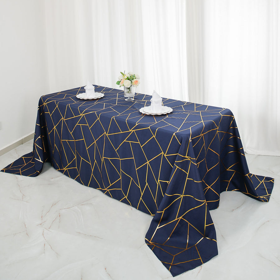 Standard Table Linen - Polyester, Geometric, Navy Blue w/ Gold Foil