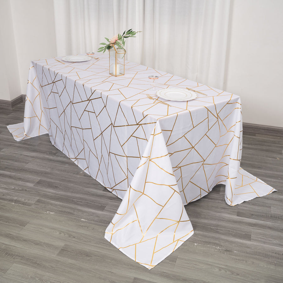 Standard Table Linen - Polyester, Geometric, White w/ Gold Foil