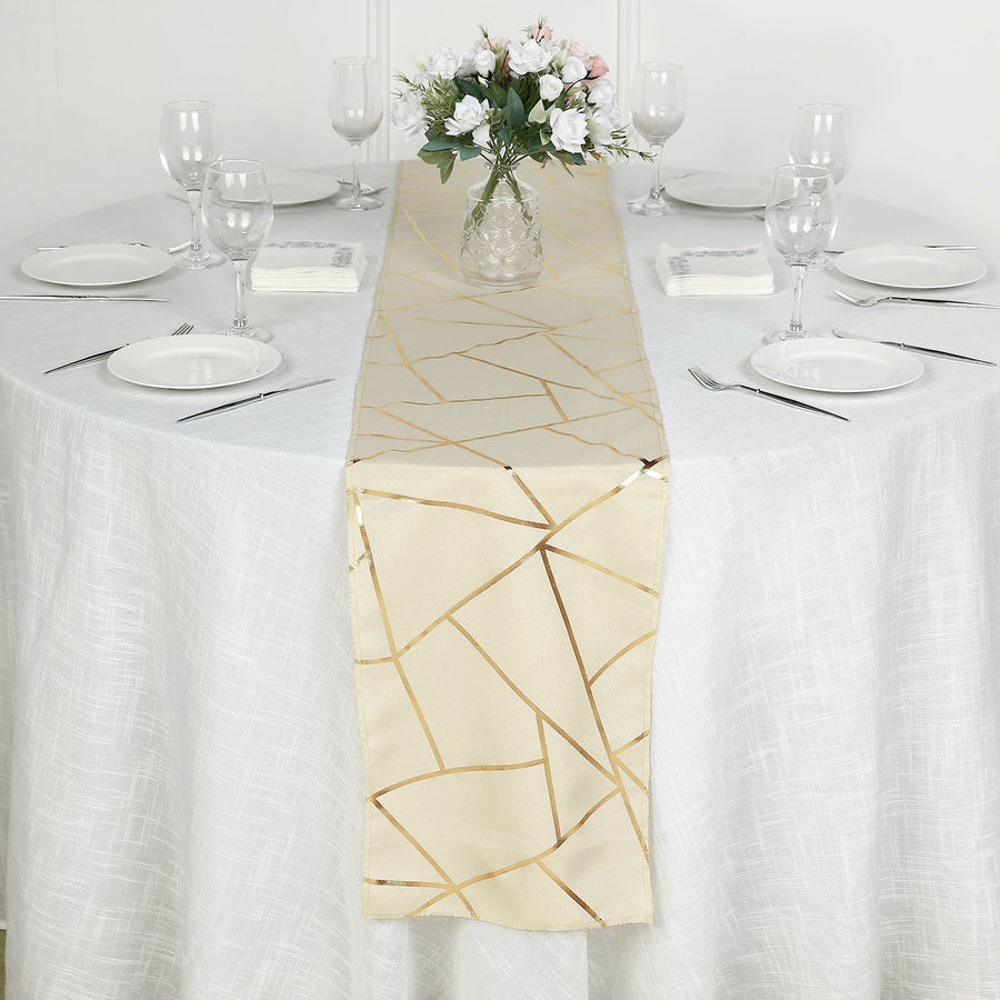 Standard Table Linen - Polyester, Geometric, Beige w/ Gold Foil