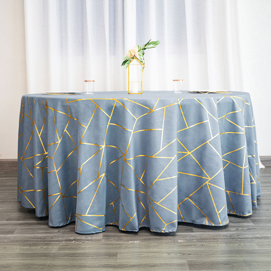 Standard Table Linen - Polyester, Geometric, Dusty Blue w/ Gold Foil