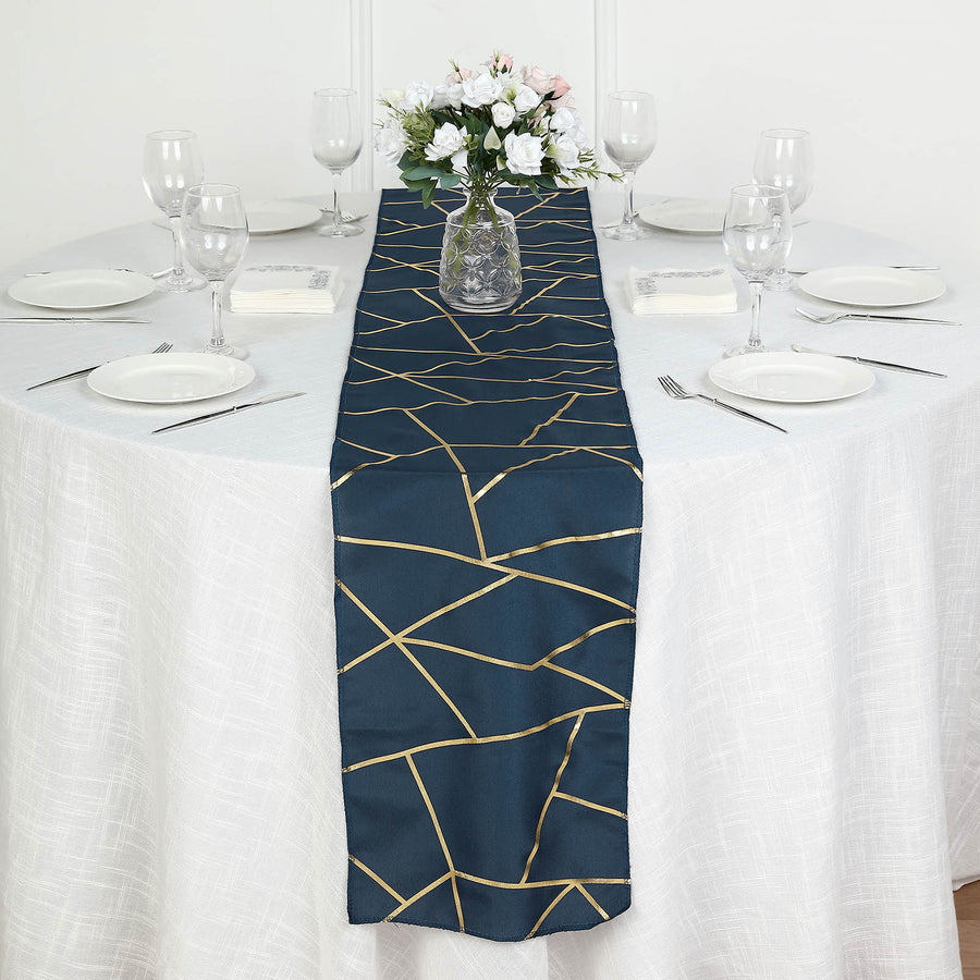 Standard Table Linen - Polyester, Geometric, Navy Blue w/ Gold Foil