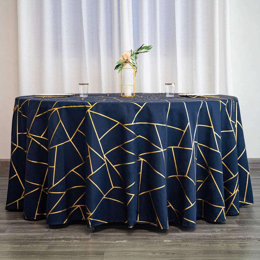 Standard Table Linen - Polyester, Geometric, Navy Blue w/ Gold Foil