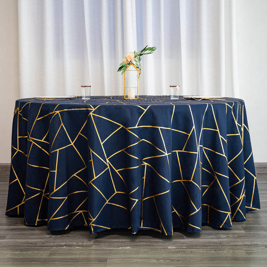 Standard Table Linen - Polyester, Geometric, Navy Blue w/ Gold Foil