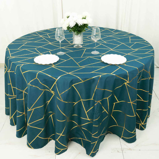 Standard Table Linen - Polyester, Geometric, Peacock Teal w/ Gold Foil