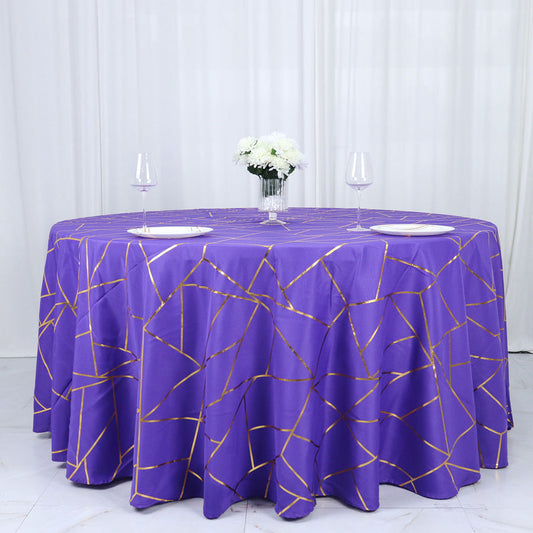 Standard Table Linen - Polyester, Geometric, Royal Purple w/ Gold Foil