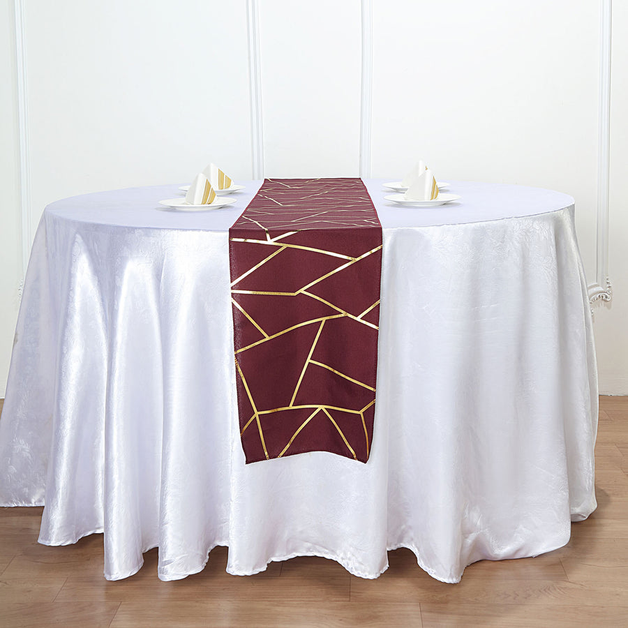 Standard Table Linen - Polyester, Geometric, Burgundy w/ Gold Foil