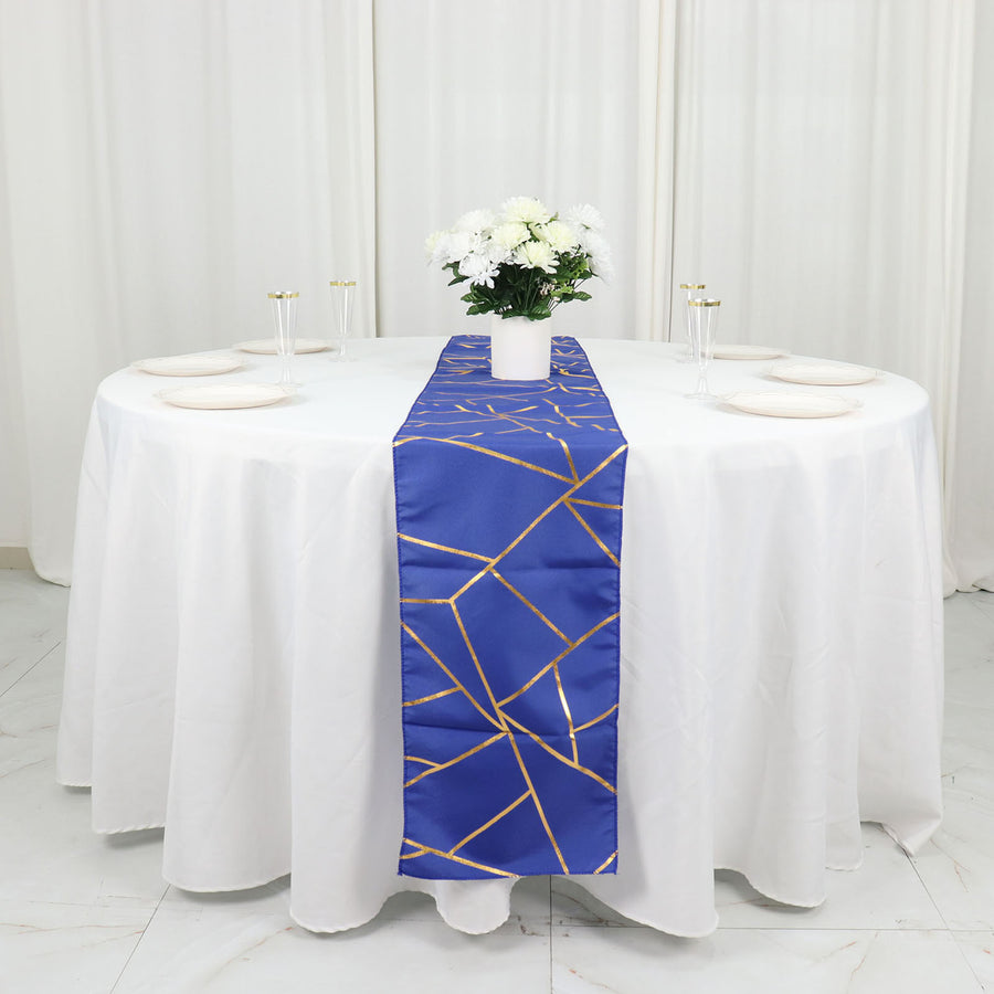 Standard Table Linen - Polyester, Geometric, Royal Blue w/ Gold Foil