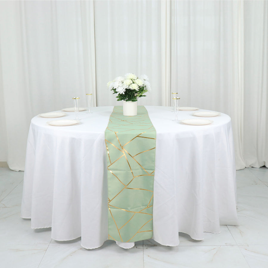 Standard Table Linen - Polyester, Geometric, Sage Green w/ Gold Foil