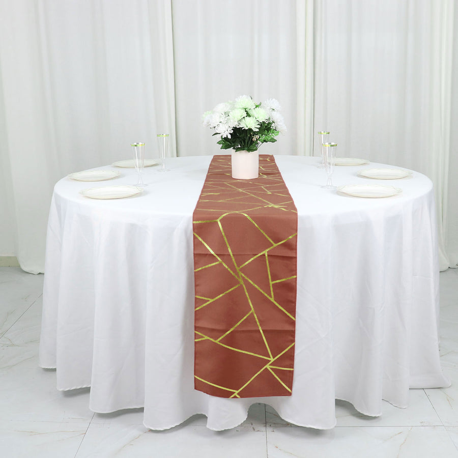 Standard Table Linen - Polyester, Geometric, Terracotta w/ Gold Foil