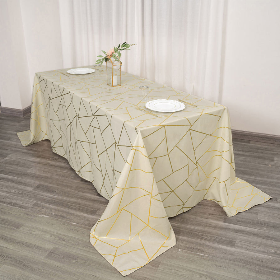 Standard Table Linen - Polyester, Geometric, Beige w/ Gold Foil