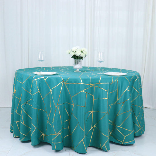 Standard Table Linen - Polyester, Geometric, Turquoise Blue w/ Gold Foil