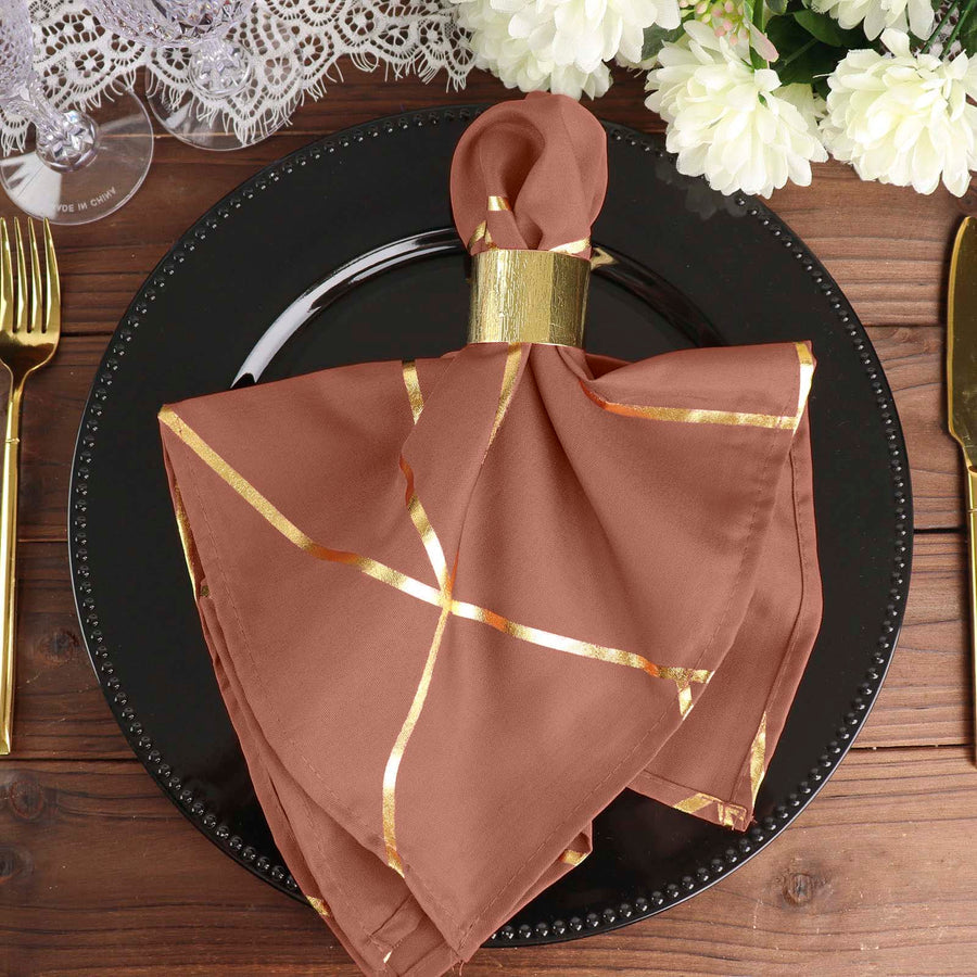 Standard Table Linen - Polyester, Geometric, Terracotta w/ Gold Foil