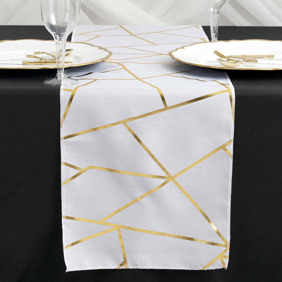 Standard Table Linen - Polyester, Geometric, White w/ Gold Foil