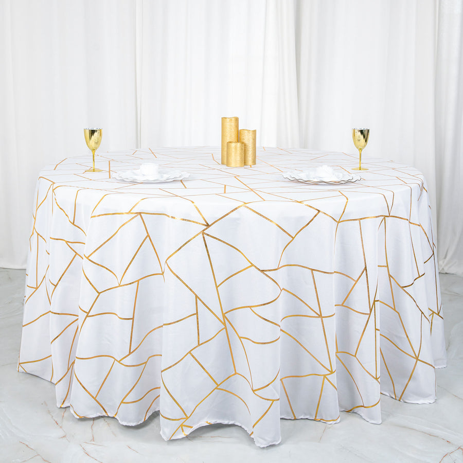 Standard Table Linen - Polyester, Geometric, White w/ Gold Foil