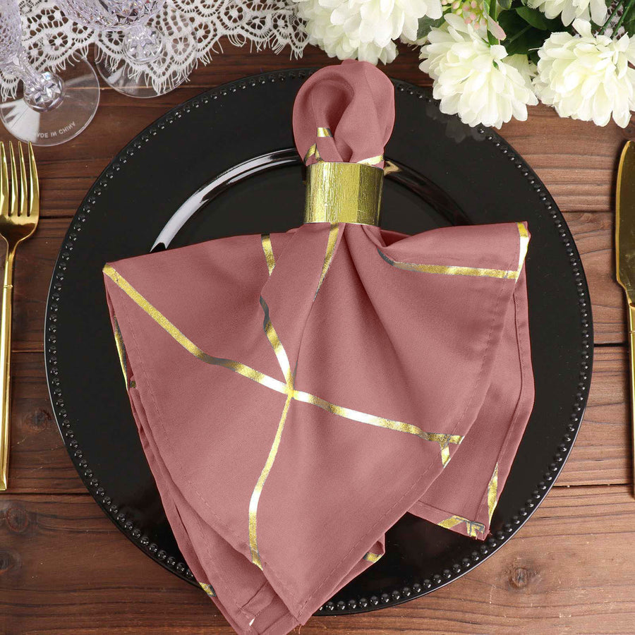 Standard Table Linen - Polyester, Geometric, Cinnamon Rose w/ Gold Foil