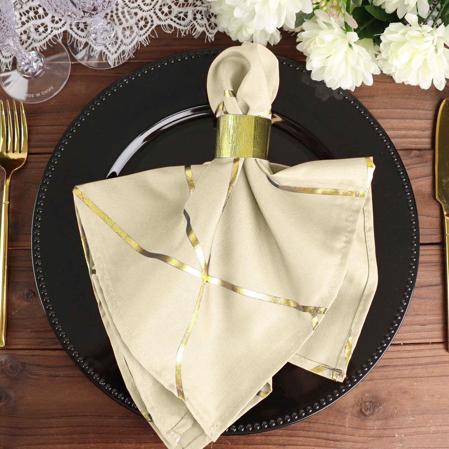 Standard Table Linen - Polyester, Geometric, Beige w/ Gold Foil