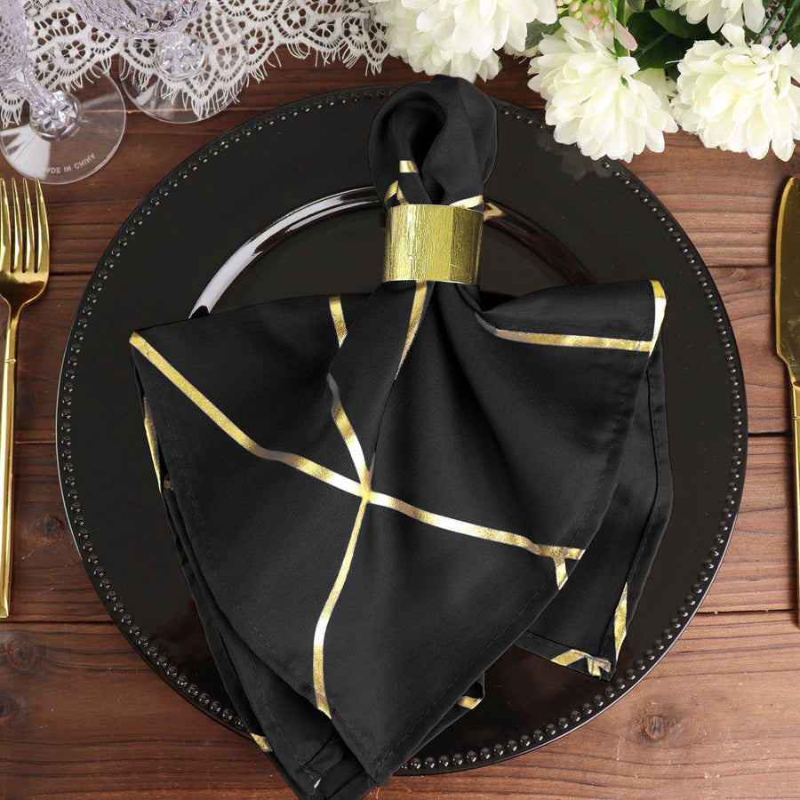 Standard Table Linen - Polyester, Geometric, Black w/ Gold Foil