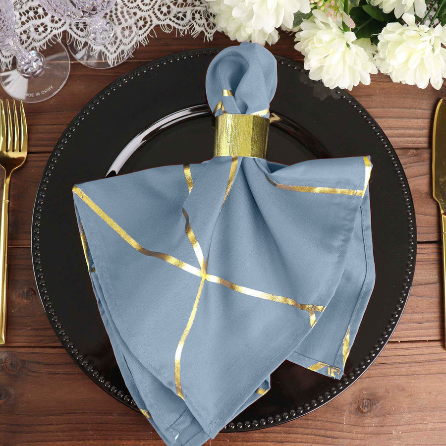 Standard Table Linen - Polyester, Geometric, Dusty Blue w/ Gold Foil