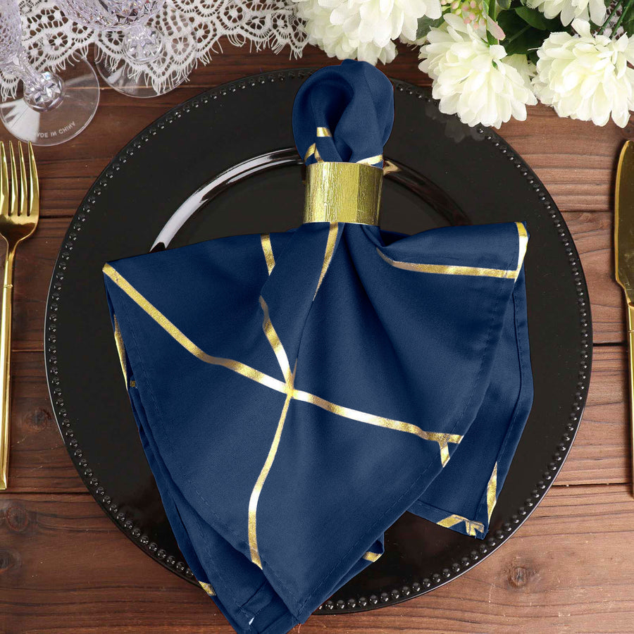 Standard Table Linen - Polyester, Geometric, Navy Blue w/ Gold Foil