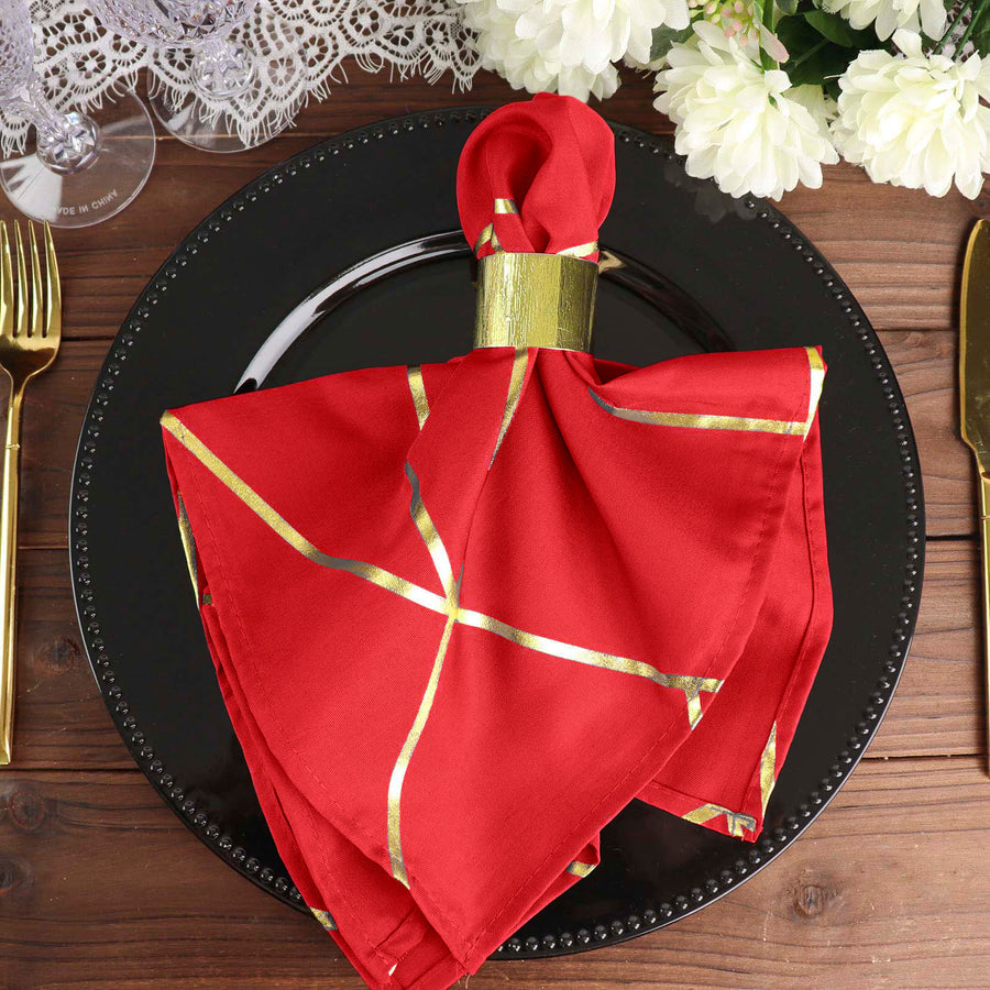 Standard Table Linen - Polyester, Geometric, Red w/ Gold Foil