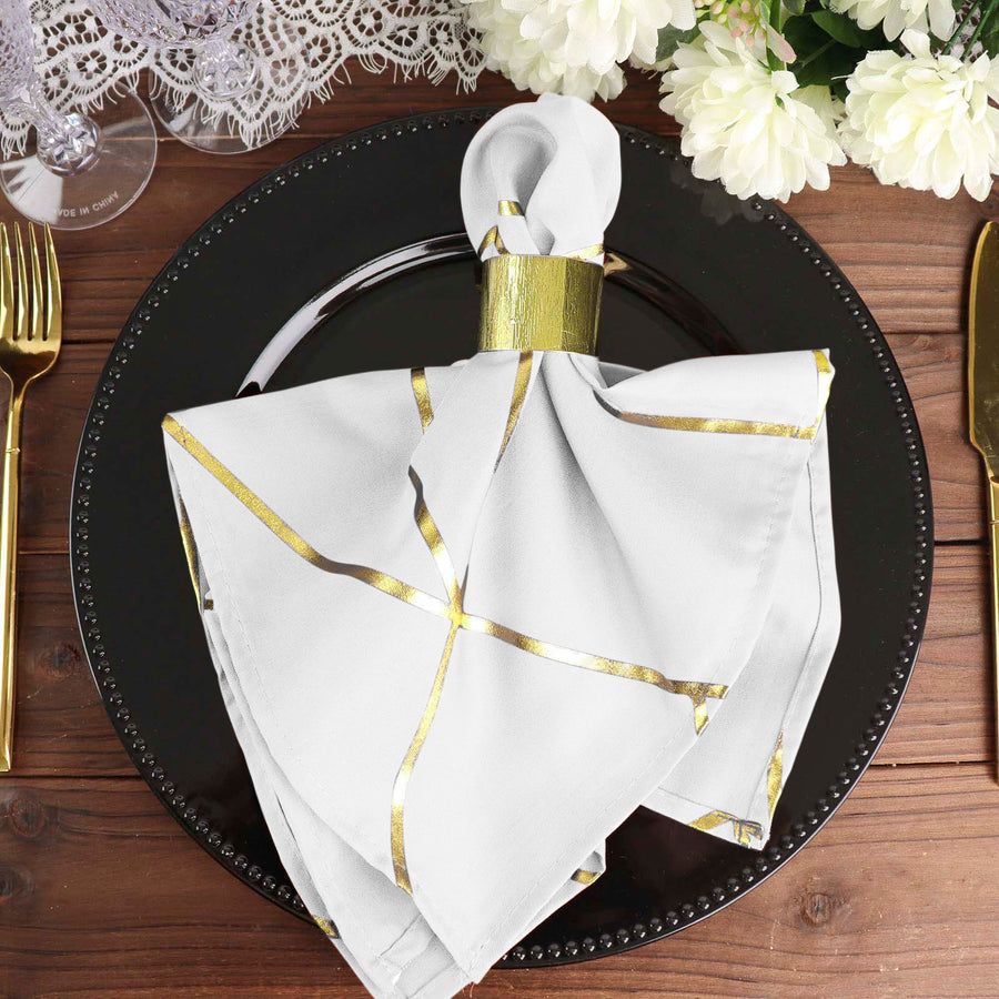 Standard Table Linen - Polyester, Geometric, White w/ Gold Foil