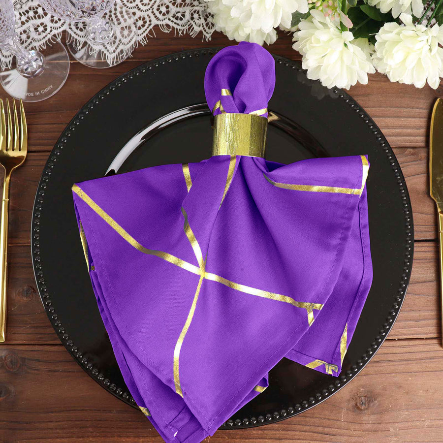 Standard Table Linen - Polyester, Geometric, Royal Purple w/ Gold Foil